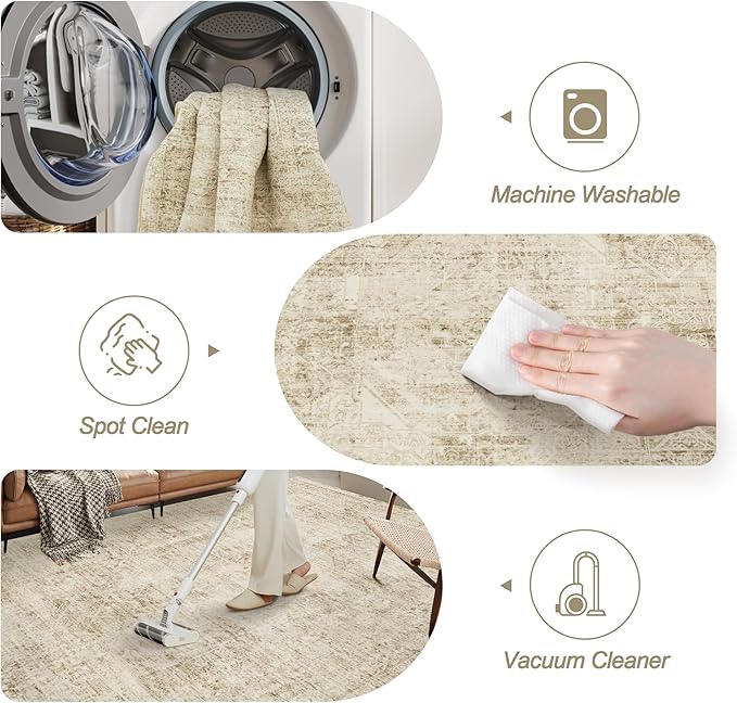 Washable Area Rug 8x10, Large Soft Rugs for Living Room Vintage 8x10 Area Rugs for Bedroom Dining Room Floral Non-Slip Thin Brown