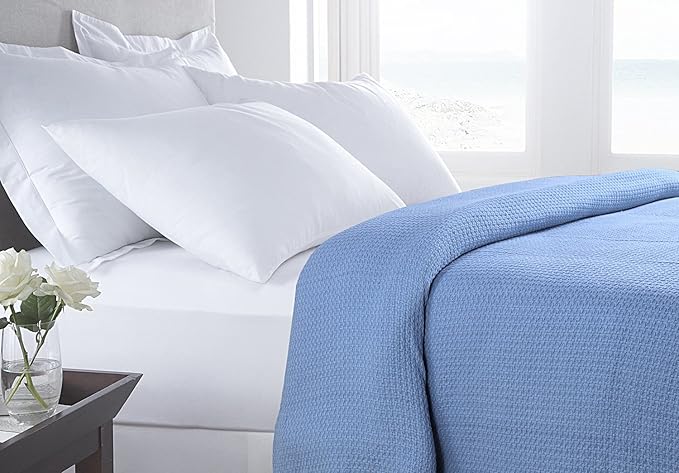 HILLFAIR 100% Combed Cotton Blanket– Twin Bed Blanket– Soft Cozy Warm Multipurpose Throws for Luxury Home Decor– 66 x 90 inch Twin XL Size Cotton Blankets for Beds- Bed Blankets for All Season- Blue