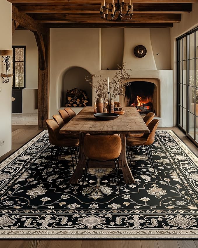 Area Rugs 9'x12' Washable Non-Slip, Floral Vintage Distress Print Pattern Medallion Carpet for Living Room Bedroom Dining Room, Black Brown Neutral Dark Tan