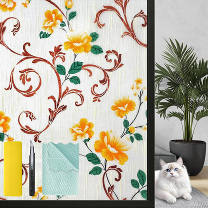 Niviy Stained Glass Window Privacy Film with Installation Tools, 3D Frosted Glass Window Decals UV Protection Sun Blocking Static Clings Non Adhesive Glass Stickers for Home 17.5 x 118 inch