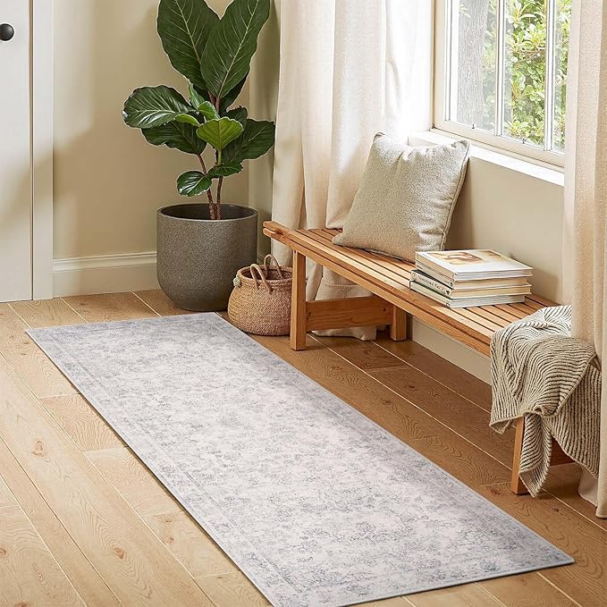 jinchan Runner Rug 2x6 Kitchen Rugs Hallway Runner - Machine Washable Vintage Floral Non-Slip, Low Pile Soft Ultra-Thin Distressed Carpet for Entryway Farmhouse Bedroom Laundry Room (2’x6’, Ivory)