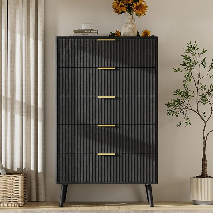 LYNSOM Fluted 5 Drawers Dresser, 45" Tall Modern Chest of Drawers with Curved Profile Design and Metal Handle, Wood Drawer Organizer for Bedroom, Living Room, Hallway, Entryway, Black
