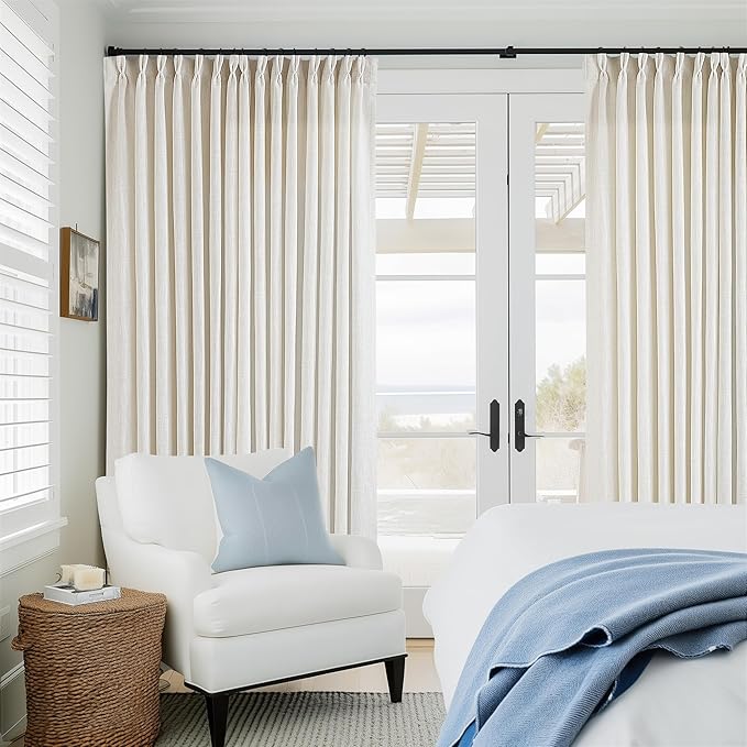 Extra Wide Linen Pinch Pleated Curtains 84 Inches Long 100 Inch Wide Patio Sliding Door Curtains Light Filtering Semi Sheer Pinch Pleat Drapes Cream Ivory Boho 100 x 84 Drapes for Living Dining Room