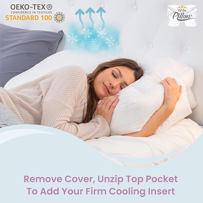 Wife Pillow - Insert Topper Only, Firm Cooling Gel / 80D Memory Foam Topper for Pillow That Stays Cold. Thin for Stomach Sleeper. Ergonomic, Neck U Shaped Cutout. Firm High-Density Layer Support