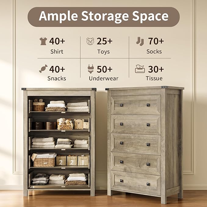 Dresser for Bedroom with 5 Drawers, Tall Wood Chest of Drawers, Modern Farmhouse Closet Clothes Organizer, Storage Tower Cabinet with Metal Handles for Hallway, Living Room, Entryway, Light Grey