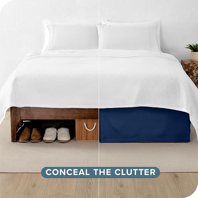 Bare Home Queen Bed Skirt - 15-Inch Tailored Drop Easy Fit - Bed Skirt for Beds - Center & Corner Pleats (Queen, Dark Blue)