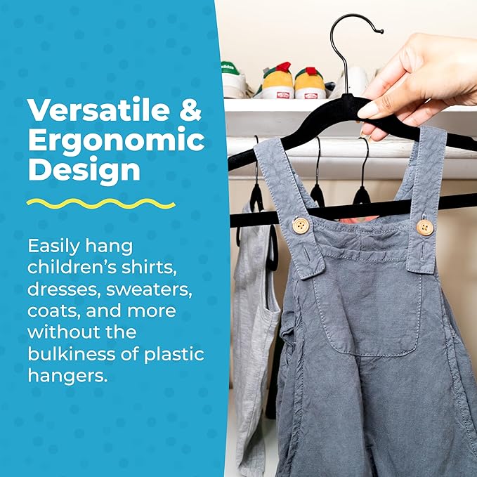 Fontaines Luxury Kid's Black Velvet Felt Non Slip Clothes Hangers 50 Pack - Ultra Slim & Space Saving - Heavy Duty Swivel Black Hook for Children's Clothing, Shirt, Dress, Skirt & Pants Organization