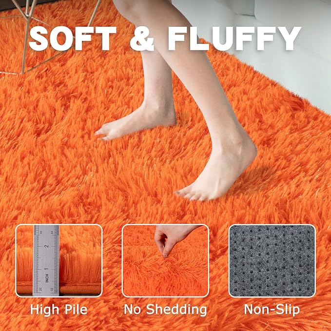 Round Orange Rug for Bedroom, 4 ft Circle Area Rugs for Living Room, Soft Fluffy Shag Carpet for Teen Girls Boys Nursery Room Dorm Home Decor Aesthetic