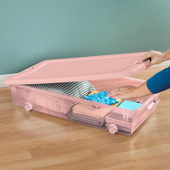 Sterilite 12 Pack Wheeled Under Bed Storage Container, 56 Qt Plastic Bin w/Latching Lid for Organization - Clothes & Shoes Organizer, Pearl Blush Tint