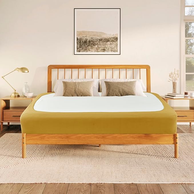 Biscaynebay Decorative Box Spring Cover Queen Size, Gold Luxurious Jersey Knitting Stretchy Wrap Around 4 Sides Bed Skirt for Home/Hotels, Easy Fit Wrinkle & Fade Free Machine Washable