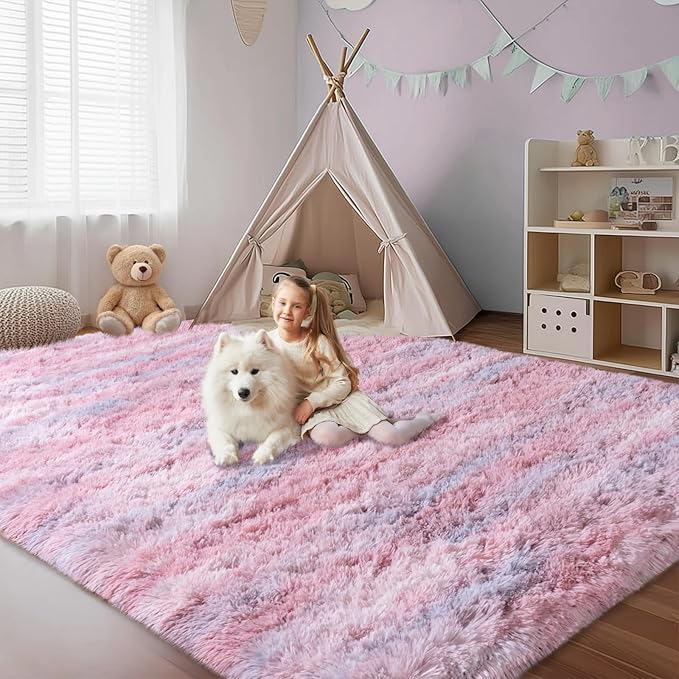 Fluffy Rugs for Bedroom Living Room, 4x6 Feet Abstract Pink Shag Area Rugs, Non-Slip Indoor Modern Fuzzy Plush Floor Carpet for Dorm Nursery Kids Room Decor, Soft Shaggy Throw Rug