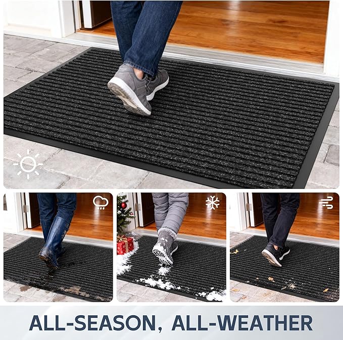 Front Door Mat, 48" x 24" Heavy Duty Indoor Outdoor Doormat, Non-Slip Welcome Mats for Entryway, Rubber Backing Low Profile Commercial Door Mats, Black Stripe