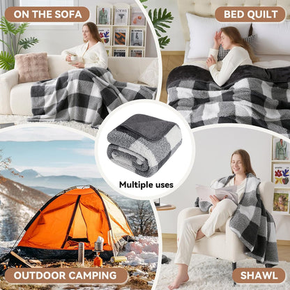 LURKA Checkered Sherpa Fleece Queen-Size Bed Blanket - Extra Thick and Warm Winter Soft Fuzzy Plush Blanket for Couches, Beds & Pets, Smoke Grey, 90x90 Inches