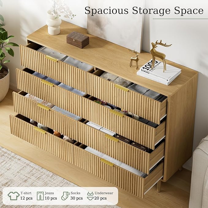 LYNSOM Fluted Dresser and Nightstand Sets 3 Piece, 8-Drawers Dresser and 1-Drawer Nightstands Set of 2, Wood Bedroom Furniture Set for Home, Bedroom, Hallway, Oak