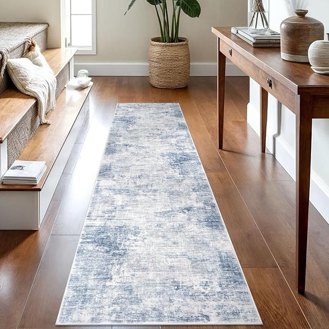 IOHOUZE Abstract Runner Rug 2x8 Ft Washable Runners for Hallways, Non Slip Kitchen Runner Printed Faux Wool Entryway Runner Indoor, Modern Floor Carpet for Hall Kitchen Bedroom, Light Blue White