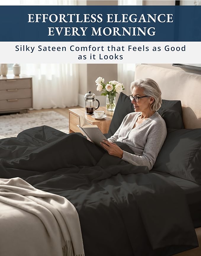 100% Egyptian Cotton Bed Sheets King Size – 1000 Thread Count Naturally Breathable Sheets, 15" Deep Pocket King Sheets, Silky Sateen Weave, Buttery Soft Durable Hotel-Quality Luxury Bedding - Black