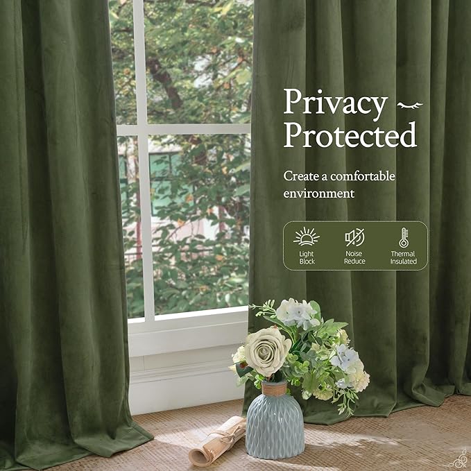 LAMIT Velvet Curtains 102 Inches Long for Living Room, Sage Green Thermal Insulated Soundproof Panels Room Darkeing Back Tab and Rod Pocket Drapes for Bedroom/French Country, 2 Panels, 52 x 102 Inch