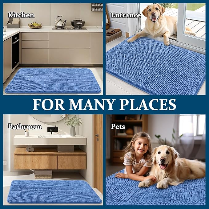 OLANLY Dog Door Mat for Muddy Paws 44x24, Absorbs Moisture and Dirt, Absorbent Non-Slip Washable Doormat, Quick Dry Chenille Mud Mat, Entry Indoor Entryway Carpet for Inside Floor, Cornflower Blue