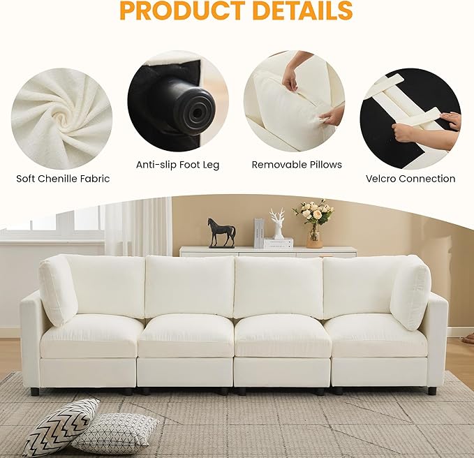 116'' 4-Seater Modular Sectional Cloud Sofa, Straight-Line Couches for Living Room, Modern Upholstered Deep Seat Sofa, Chenille Beige