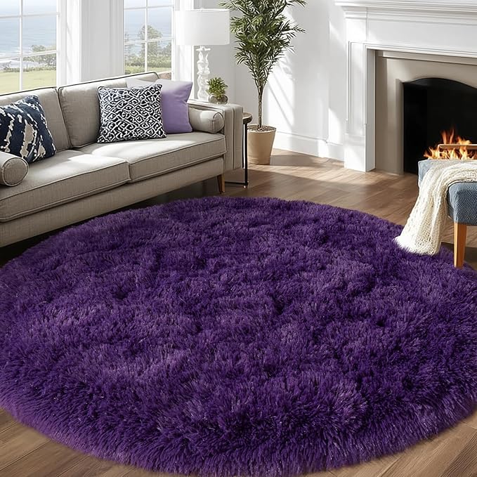 Round Purple Rug for Bedroom, 6 ft Circle Area Rugs for Living Room, Soft Fluffy Shag Carpet for Teen Girls Boys Nursery Room Dorm Home Decor Aesthetic