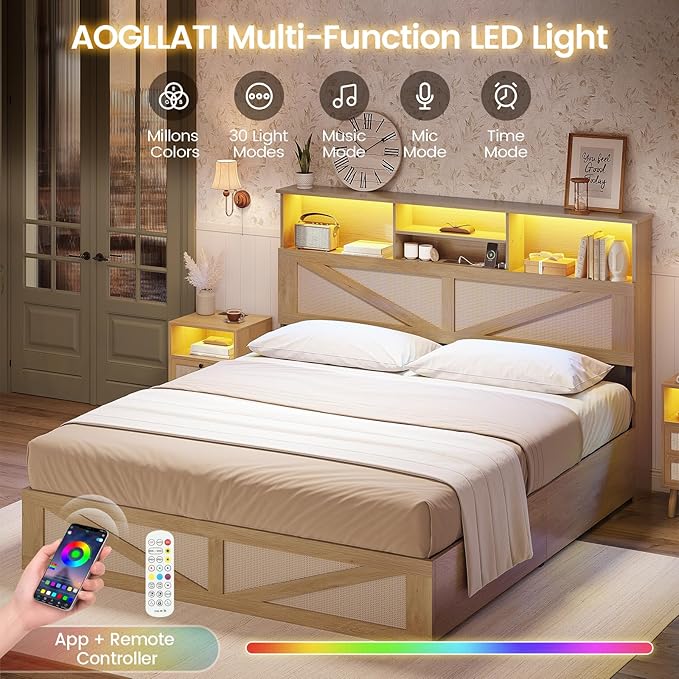 AOGLLATI Full Size Bed Frame with 4 Storage Drawers and Natural Rattan 2-Tier Bookcase Hidden Headboard, Boho Led Bed Frame Full Size with Charging Station, No Box Spring Needed, Wood