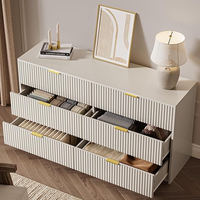 3-Piece Dresser Bedroom Set, 6 Drawer Dresser & 2 Drawer Nightstands with Gold Handles, Fluted Wood Chest of Drawers for Bedroom, Living Room, Entryway, Beige