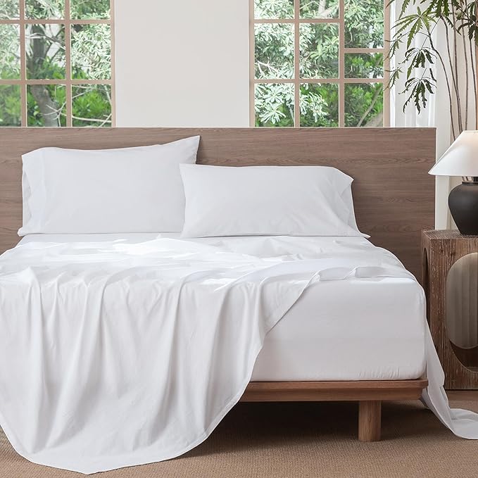 MooMee Bedding Sheet Set 100% Washed Cotton Linen Like Textured Breathable Durable Soft Comfy (Solid Bright White, Twin XL)