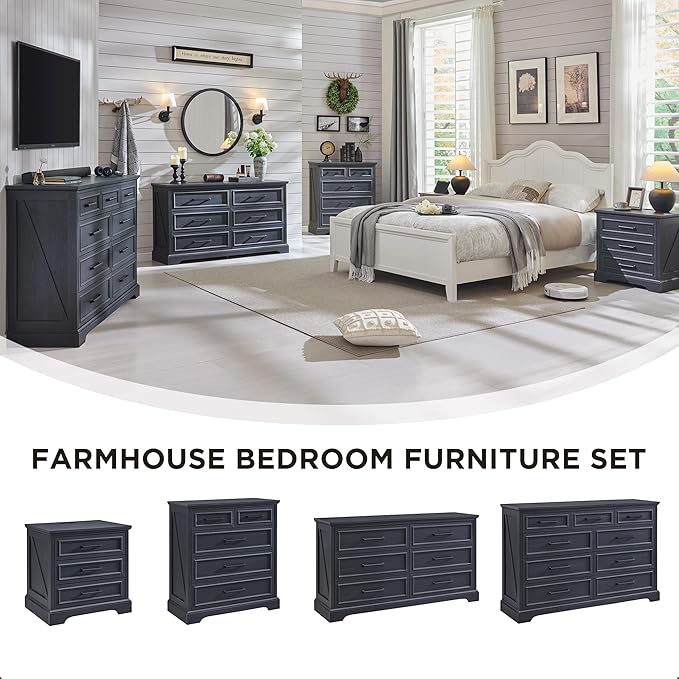 ACCOHOHO Farmhouse Nightstand with Charging Station, 22 Inch Wide End Table with 3 Large Drawers & Bar Handles, Rustic Wood Small Dresser Chest of Drawers for Bedroom, Living Room, Closet, Black