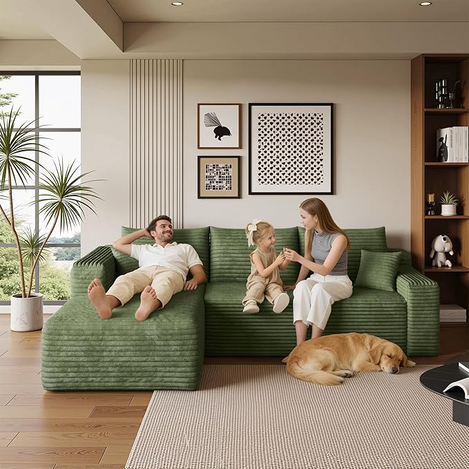 96" Sectional Couches for Living Room Modern Modular Sofa with L-Shape Couchs Upholstered Boneless Couch Deep Seat Sectional Couch with Chaise (Green, 96" Left Facing Chaise+2Seaters)