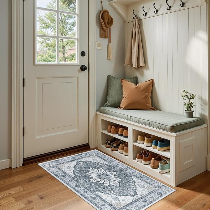 Area Rugs 2'x4' Washable Non-Slip, Floral Vintage Distress Print Pattern Medallion Carpet for Living Room Bedroom Dining Room, Light Gray Grey White