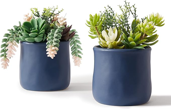 Artificial Succulent in Ceramic Pots, 2 Packs Large Faux Fake Plants Navy Blue for Desk,Office, Bedroom, Living Room, Bathroom Office Shelf Home Décor