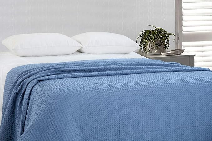 HILLFAIR 100% Combed Cotton Blanket– Queen Size Bed Blankets– Warm Soft All Season Breathable Lightweight Summer Blankets– Waffle Weave Home Decor Bed Blanket- Blue Queen Bed Cotton Blankets/Bedcovers