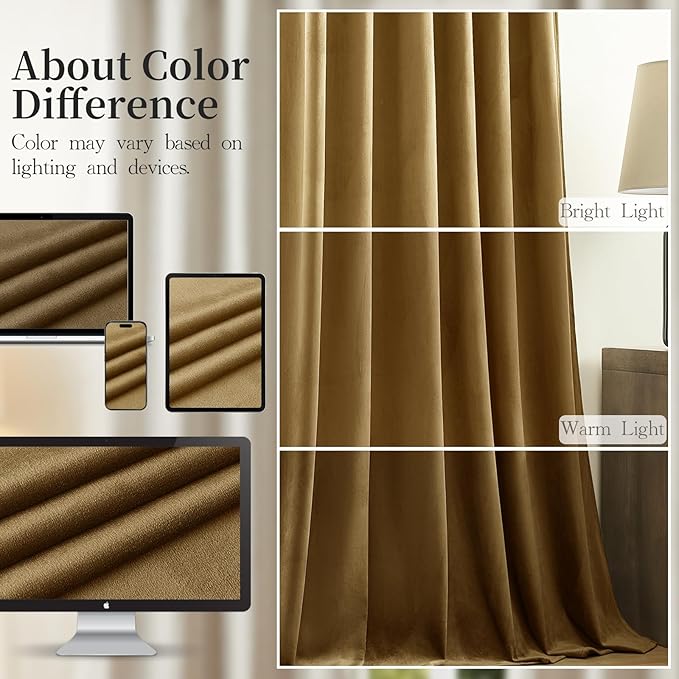 AUSSPVOCT Brown Velvet Curtains 84 Inches for Living Room, Elegant Sound Reducing Thermal Insulated Drapes Room Darkening Luxury Blackout Curtain for Bedroom, Back Tab Rod Pocket, Goldbrown, 2 Panels