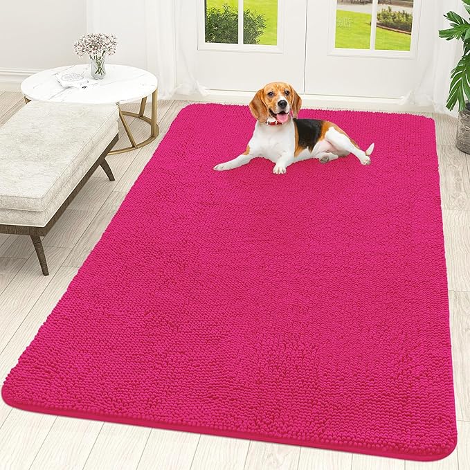 OLANLY Dog Door Mat for Muddy Paws 70x46, Absorbs Moisture and Dirt, Absorbent Non-Slip Washable Doormat, Quick Dry Chenille Mud Mat for Dogs, Entry Indoor Entryway Carpet for Inside Floor, Hot Pink