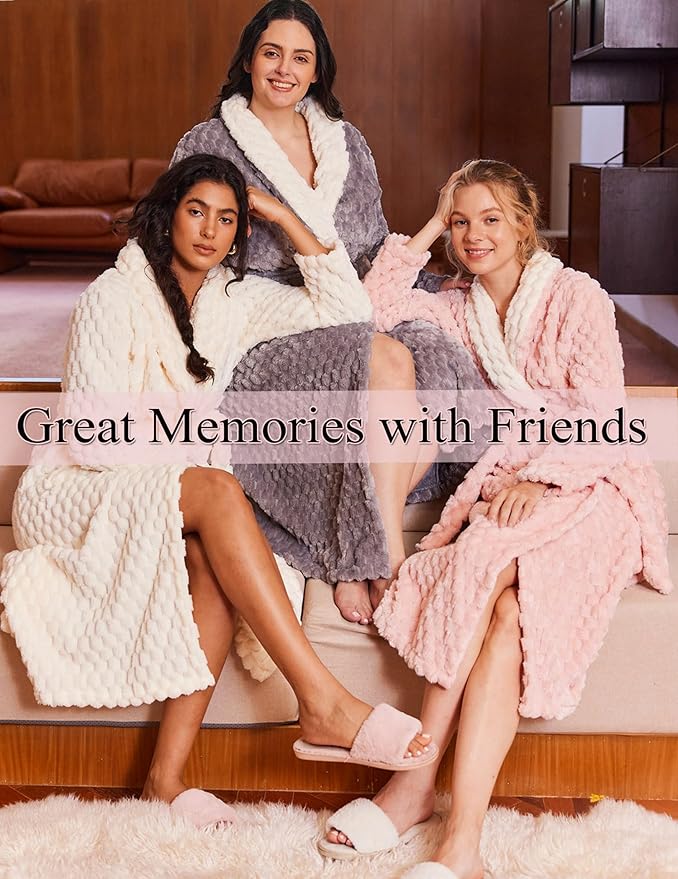 Ekouaer Women's Robe Long Plush Soft Bathrobe Jacquard Color Block Robes Shawl Collar Sleepwear with Pockets S-XXL