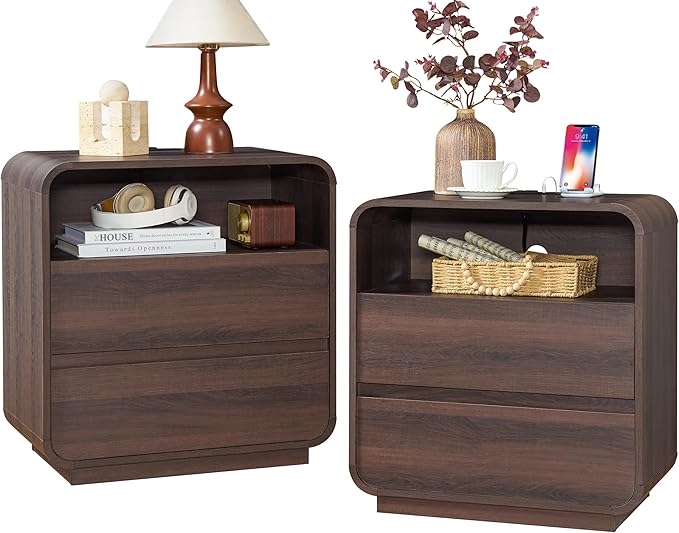 Curved Nightstand Set of 2 with Charging Station, 23.2" Wide Wood Bedside Table 2 Storage Drawers, Modern Side Table Handleless End Table, Walnut Night Stand for Bedroom, Office