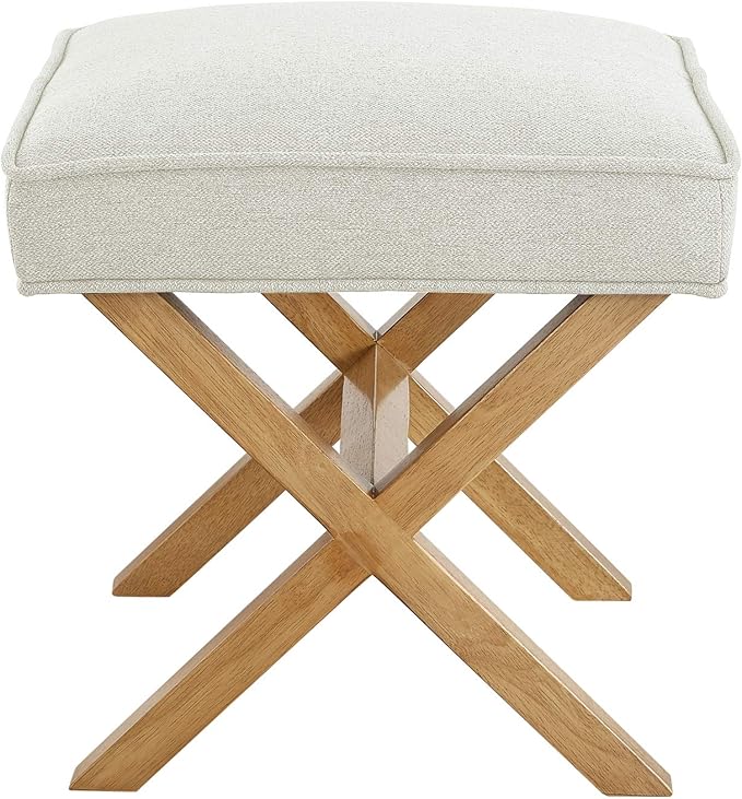 Amazon Basics Small Ottoman Foot Rest, Mid-Century Modern X Square Polyester Foot Stool, Linen, Ivory White, 18"D x 19.8"W x 18.3"H