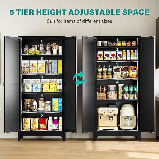 SISESOL 75" Tall Pantry Cabinet,Farmhouse Kitchen Pantry Storage Cabinets with 2 Doors and 4 Shelves,Black Metal Storage Cabinet,Large Cupboard for Home,Kitchen,Dining/Living Room