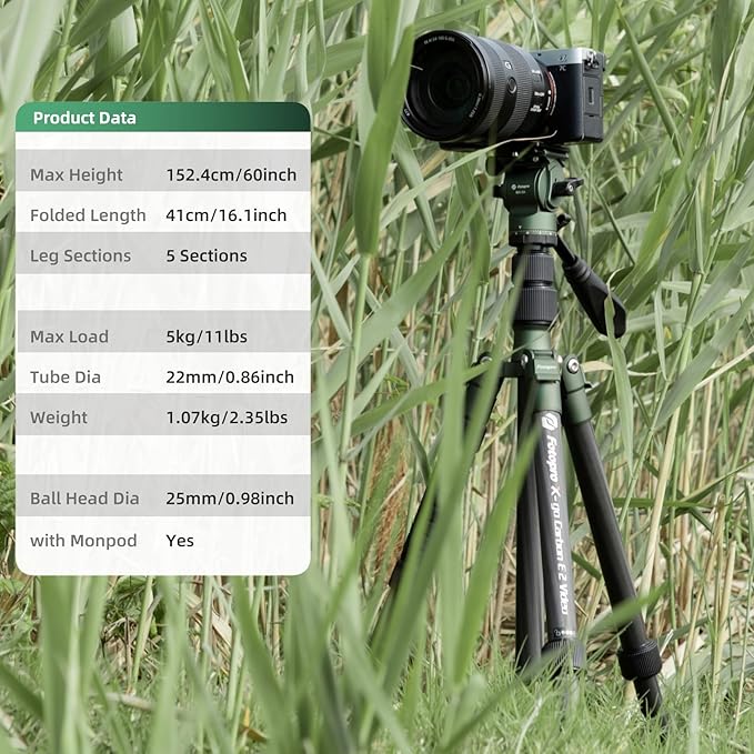 Fotopro 59" Carbon Fiber Travel Tripod, Compact Video Tripods with Fluid Head, Detachable Monopod with Quick Release Plate and Bag, Camera Tripod Load up to 8KG/17.63lbs, Green