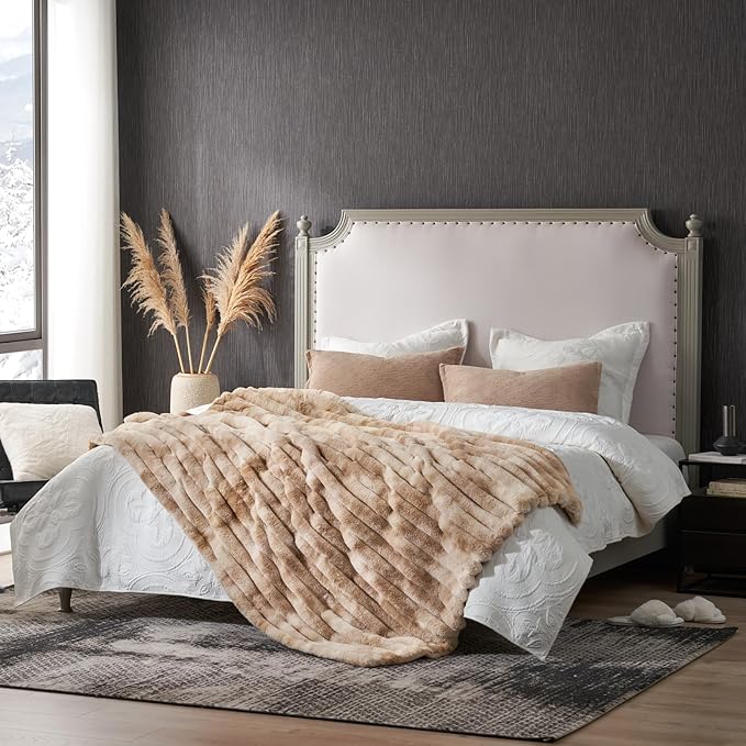 Cozy Bliss Faux Fur Throw Blanket for Couch, Cozy Warm Plush Striped Blanket for Sofa Bedroom Living Room, 60 * 80 Inches Tie-dye Khaki