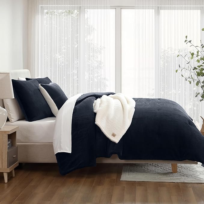 UGG Comforter Set 5 Piece Bed in a Bag with Throw Blanket, Decorative Pillow, Shams, and Reversible Comforter Hypoallergenic Washable Luxury Warm Fluffy Bedding Set, Navy Blue, King Size (Remina)