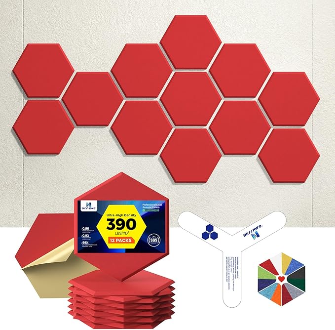 Self-Adhesive Acoustic Panels [390 lbs/yd³ Ultra-High Density], 2nd Generation Sound Absorbing Panel, Professional Level Sound Panel, Polyester Soundproof Foam [Size L, Red]