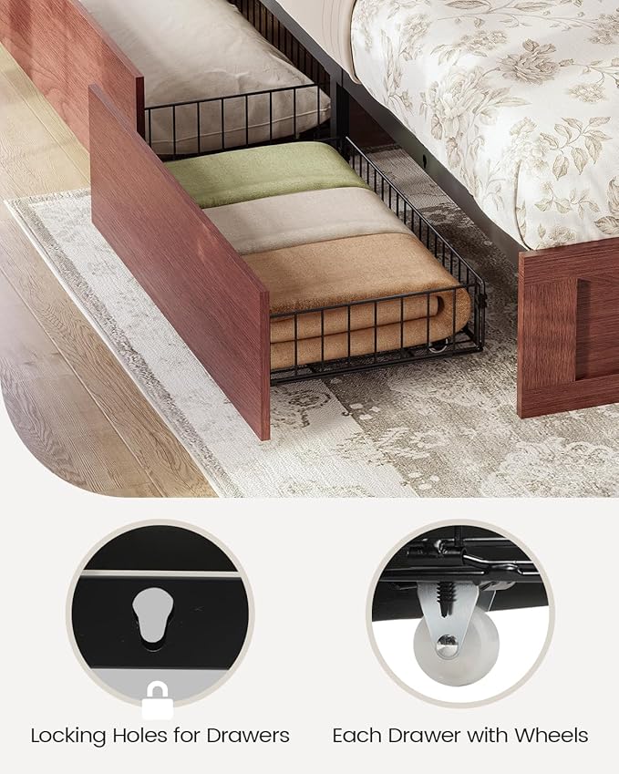 AOGLLATI Farmhouse Queen Bed Frame with 4 Storage Drawers and Led Lights, Wooden Bed Frame Queen Size with Hidden Space Bookcase Headboard and Led Lights & Metal Slats, Mahogany