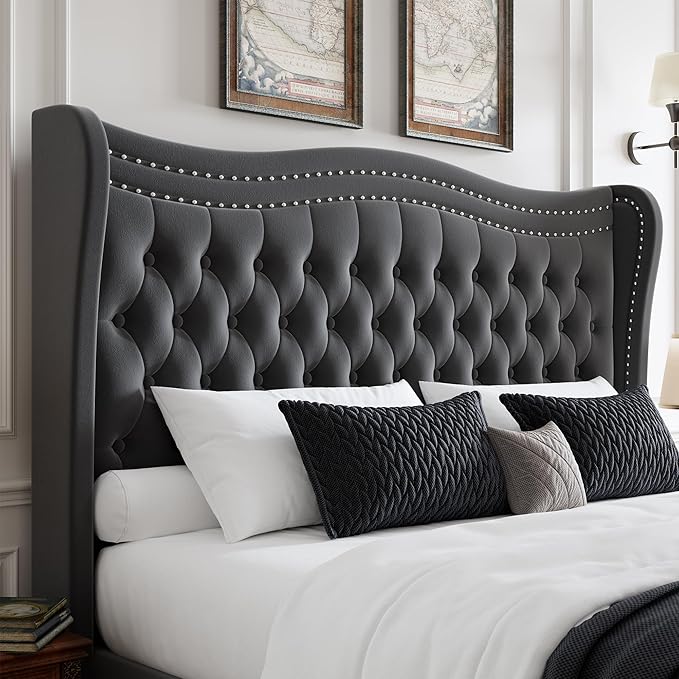 Upholstered King Size Bed Frame with Tall Headboard, Velvet Wingback Platform Bed Frame with Deep Button Tufted, No Box Spring Needed, Noise Free, Grey