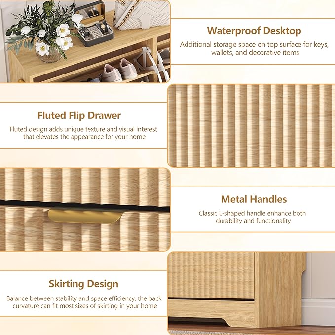 Shoe Cabinet Storage for Entryway with 4 Flip Drawers, Oak Fluted Shoe Cabinet with Adjustable Shelves, Wooden Hidden Shoes Rack Freestanding Narrow Slim Shoes Storage for Hallway, Entrance