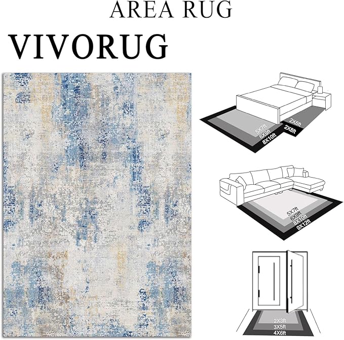 4x6 Rug, Small Area Rug for Living Room, Bedroom, Kitchen, Machine Washable Non-Slip Throw Rug, Modern Abstract Carpet for Entryway Nursery Coffee Table, Blue Ivory Yellow