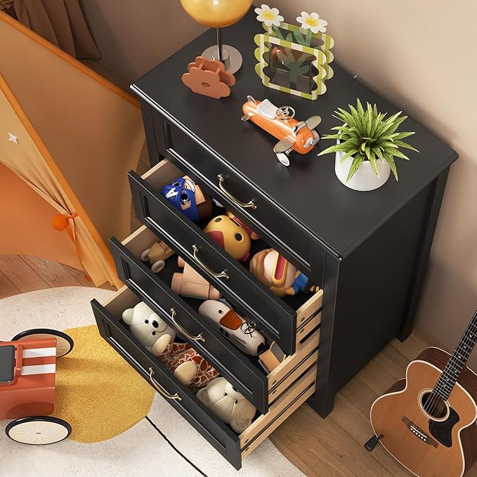 Gizoon Dresser for Bedroom with 4 Drawers Wooden Chest of Drawers for Closet Dresser Storage Unit Organizer for Hallway Living Room and Office, Black