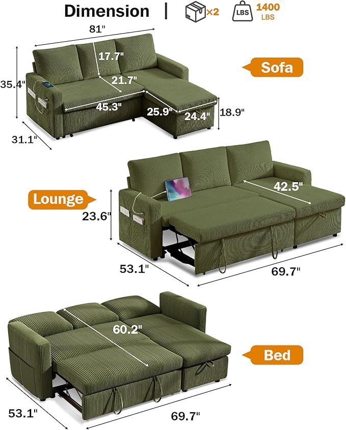 Vipbear 80" Sectional Sleeper Sofa Bed with Pull Out Bed, L Shaped Couch Pull Out Couch with Reclining Backrest, Reversible Storage Chaise, USB Ports, Tool-Free Assembly, Corduroy Olive Green