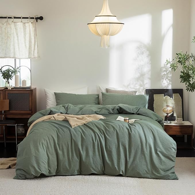 FOSSA Duvet Cover Set 100% Washed Cotton Linen Feel Super Soft Breathable Cozy Simple Style 3 Pieces Bedding Sets Solid Heathered Green Oversized King Plus