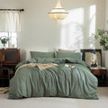 FOSSA Duvet Cover Set 100% Washed Cotton Linen Feel Super Soft Breathable Cozy Simple Style 3 Pieces Bedding Sets Solid Heathered Green Super King